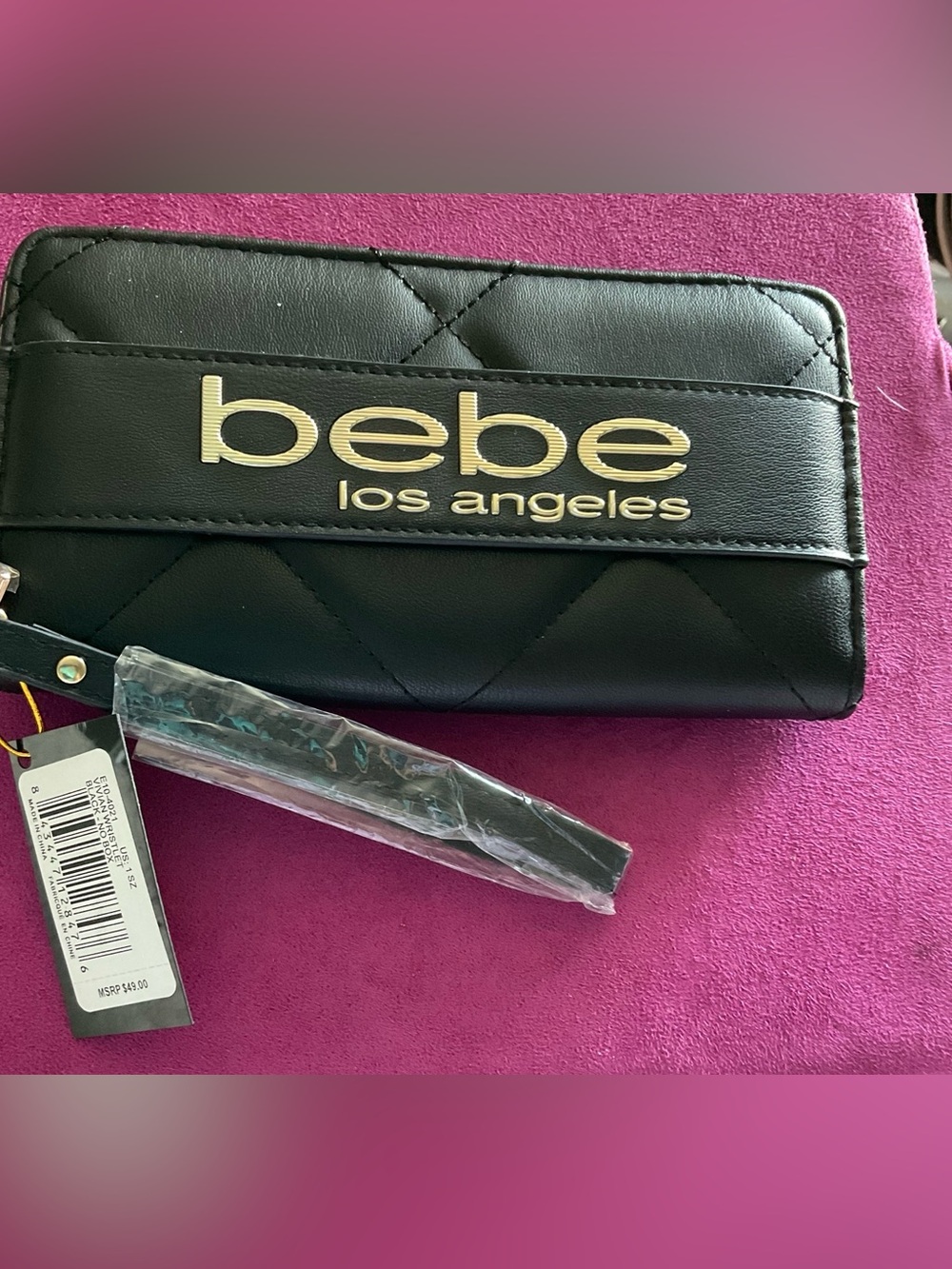 Bebe Los Angeles Black Quilted Zip Around Wristlet Wallet Gold Logo, NWT
